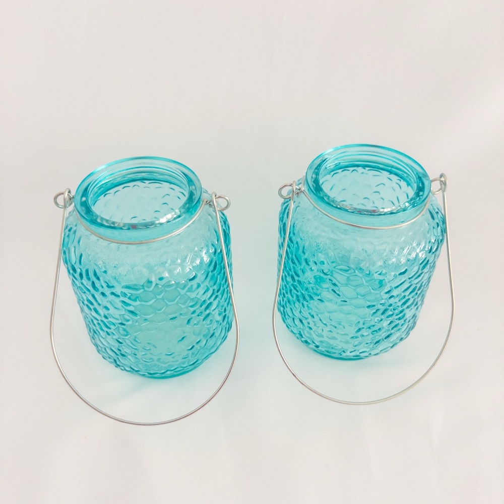 Turquoise Glass Lantern Candle Holders Set of 2 Textured with Handles